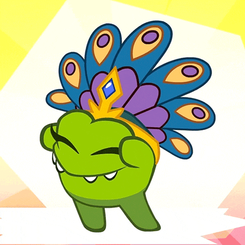 a cartoon character with a peacock feather crown on his head
