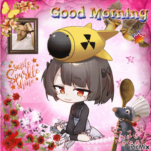 a picture of a girl with a rocket on her head and the words good morning on the bottom