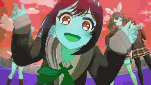 a girl in a green tie is standing in front of two other girls