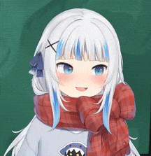 a girl with white hair and blue hair is wearing a red scarf and a sweater .