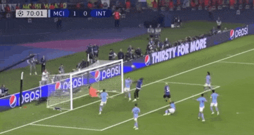 a soccer game is being played on a field with pepsi ads on the sidelines