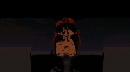 a cartoon character with glasses and a red hat is standing in a dark room