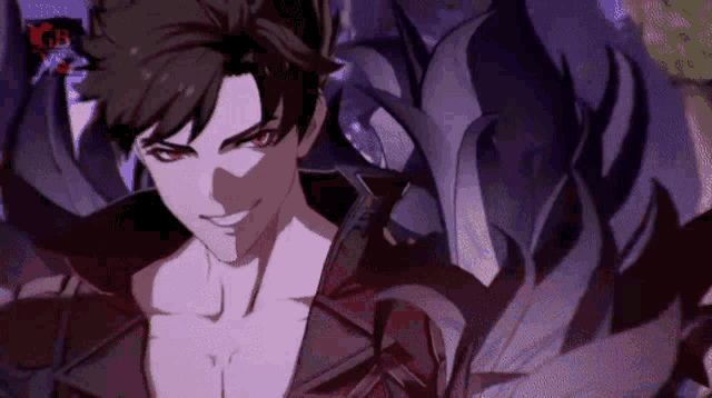 a close up of a cartoon character with red eyes and a purple background