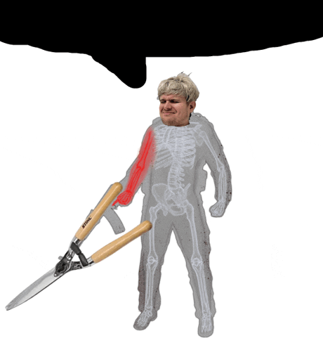 a drawing of a man with a skeleton holding a pair of stihl hedge shears