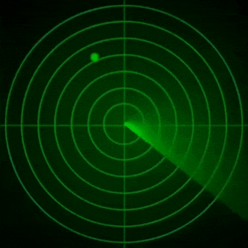 a radar screen shows a green circle with a yellow box in the middle