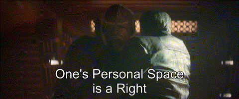 two men hugging each other with the words one 's personal space is a right above them