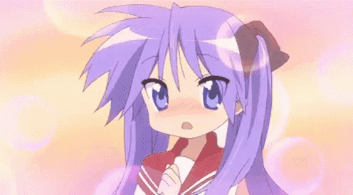 a girl with purple hair and blue eyes is making a face .
