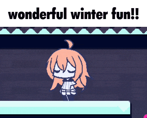 a pixel art of a girl with the words " wonderful winter fun " on the bottom