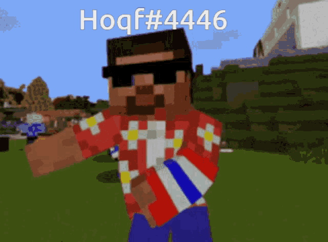 a minecraft character wearing sunglasses and a shirt that says hoqf # 4466