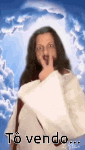 jesus is making a funny face and holding his finger to his mouth in front of a cloudy sky .