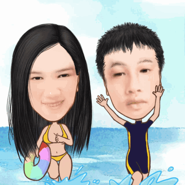 a caricature of a man and a woman on a beach