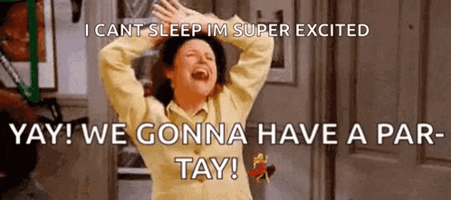 a woman is laughing with her arms in the air and the caption says i cant sleep im super excited