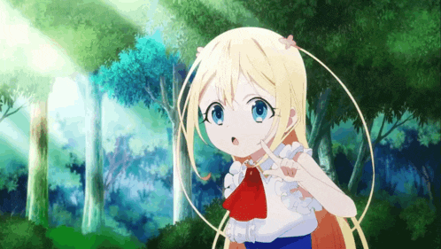 a little girl with blonde hair and blue eyes is standing in the woods