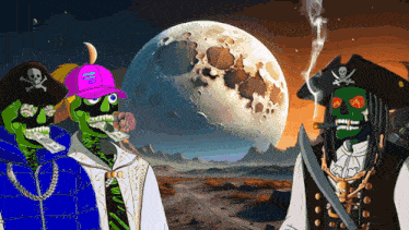 a group of skeletons are standing in front of a planet