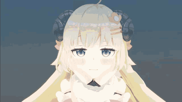 a girl with horns and a flower in her hair looks at the camera