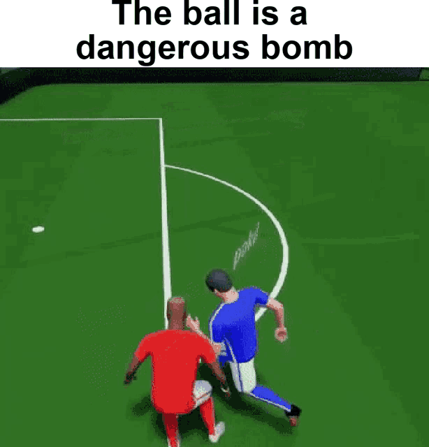 a man is kicking a soccer ball on a field with the words `` the ball is a dangerous bomb '' written on it .