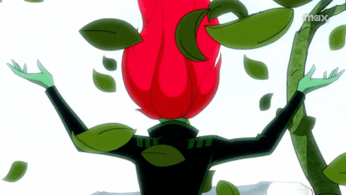 a cartoon character is surrounded by green leaves and has a red rose on his head