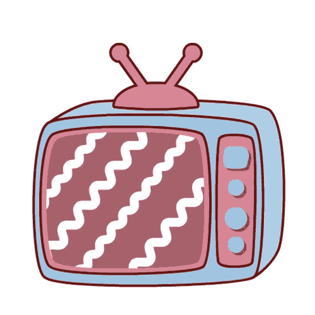 a cartoon drawing of a blue and pink television with antennas