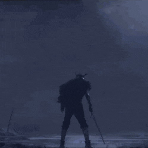 a silhouette of a man holding a sword in front of a monster