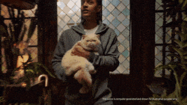 a man is holding a cat in his arms and a caption says this scene is computer generated and shown for illustrative purposes only