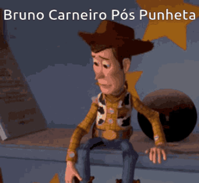 a toy story character named bruno carneiro pos punheta sits on a table