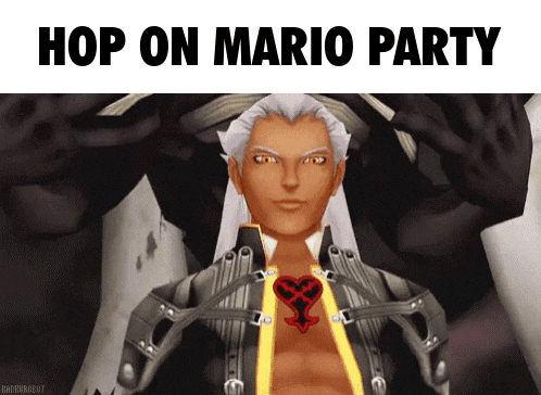 a video game character with the words hop on mario party written above him