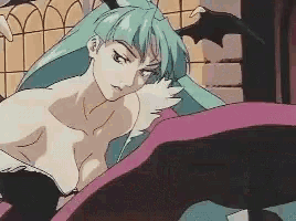 a cartoon of a woman with bat wings laying on a bed