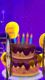 a birthday cake with candles on it and a purple background