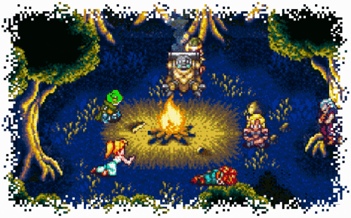 a pixel art of a group of people sitting around a campfire
