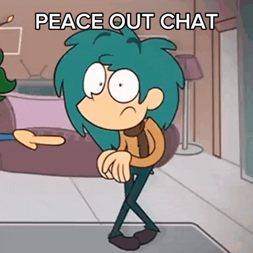 a cartoon character with blue hair and the words peace out chat on the bottom