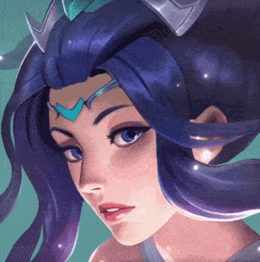 a close up of a girl 's face with purple hair and blue eyes