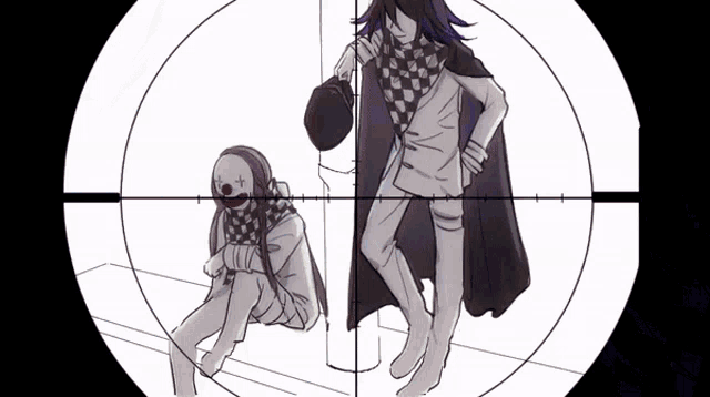 a sniper scope shows a clown and a man in a cape