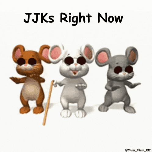 three cartoon mice are standing next to each other with the words " jjks right now " above them