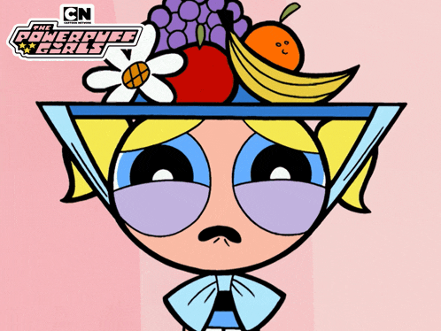 an advertisement for the powerpuff girls shows a girl with a bowl of fruit on her head