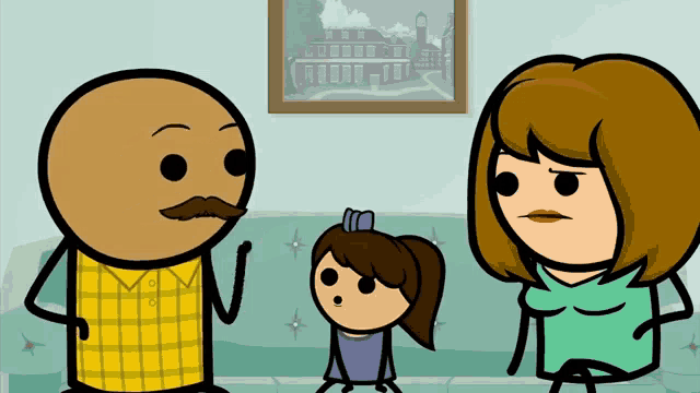 a man with a mustache talks to a woman and a little girl
