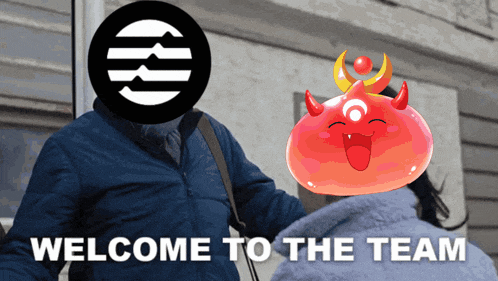 a welcome to the team sign with a man and a devil