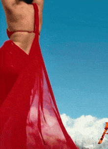 a woman in a red dress with a blue sky in the background