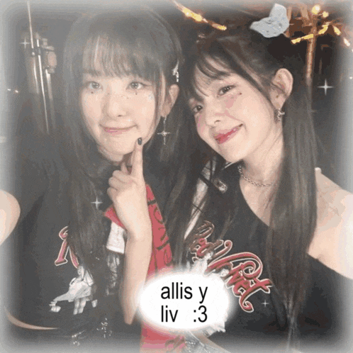 two girls posing for a picture with the words allis y liv written on the bottom