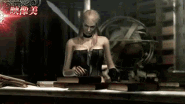 a woman in a black corset is standing in front of a desk .