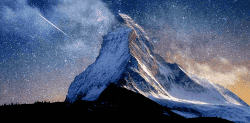 a mountain covered in snow with a shooting star in the background