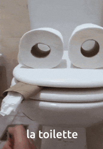 a toilet with two rolls of toilet paper on top of it and the word la toilette below it