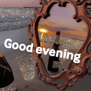 a picture of a bottle of champagne and two glasses with the words good evening on it