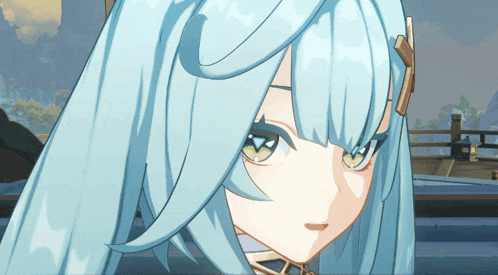 a close up of a blue haired anime character 's face