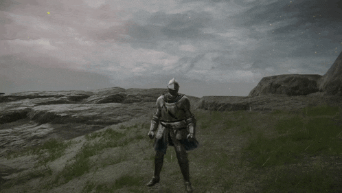 a knight in armor is standing in a field with mountains in the background