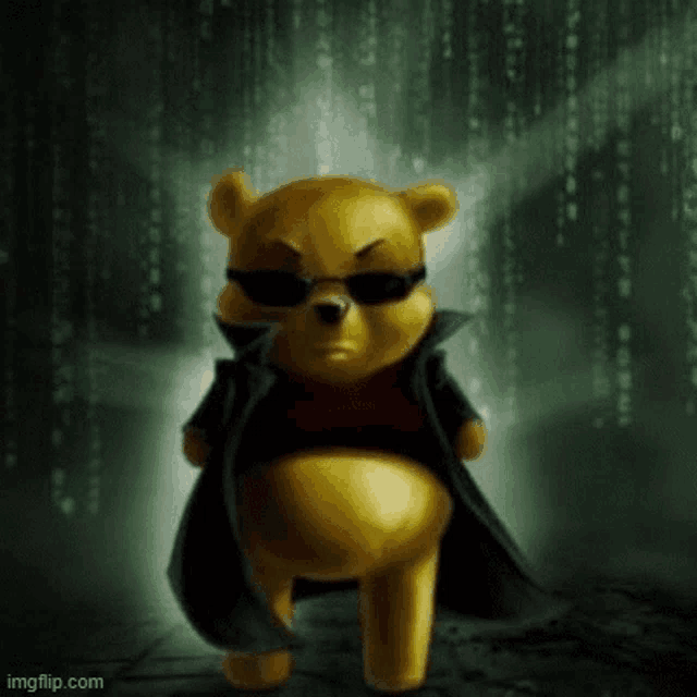 a winnie the pooh bear wearing sunglasses and a trench coat .