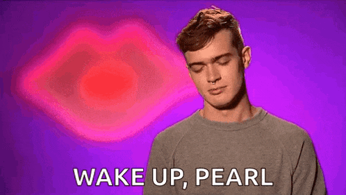 a man is being slapped in the face with a purple background and the words `` wake up pearl '' written on it .