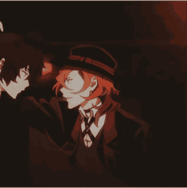 two anime characters are standing next to each other and one has red hair