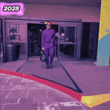 a man in a purple suit walks into a building with a sign that says 2025 on it