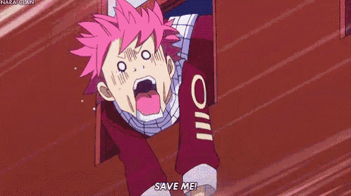 a cartoon character with pink hair is screaming and asking for help .