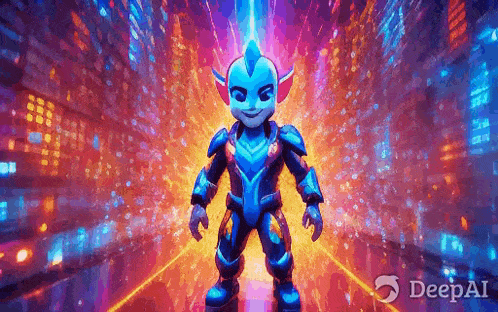 a cartoon character in a futuristic suit is standing in front of a colorful background .